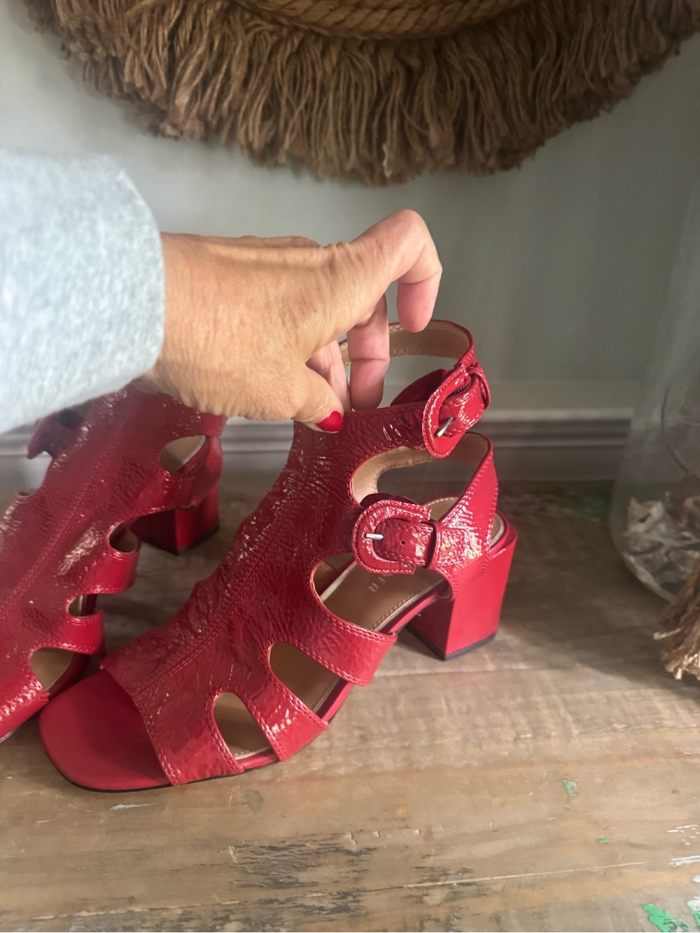 Donald J. Pliner Shiny Red Cutout Buckle Phyllis Block Heel Sandals